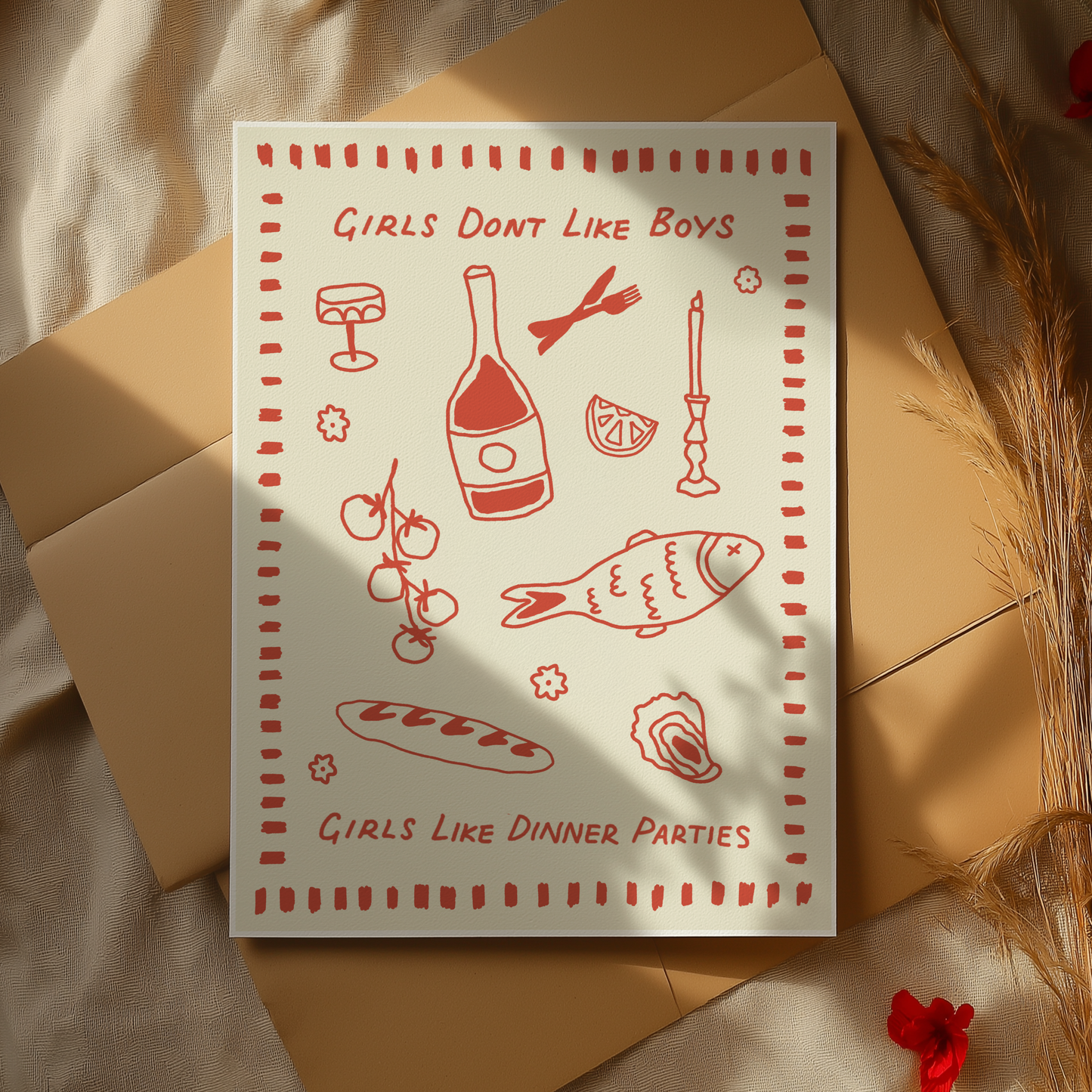 Girls Don’t Like Boys, Girls Like Dinner Parties – A4 Art Print Red
